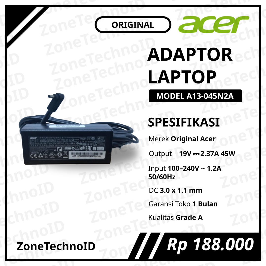 Adaptor Charger Laptop Acer Original A13-045N2A 45W 19V 2.37A Jack 3.0×1.1mm Small Plug