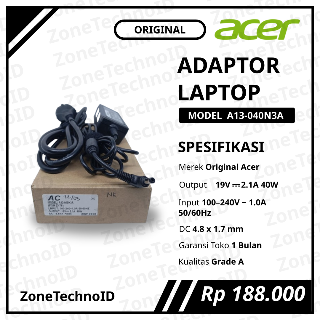 Adaptor Charger Laptop Acer Original Chicony A13-040N3A 40W Jack 4.8×1.7mm