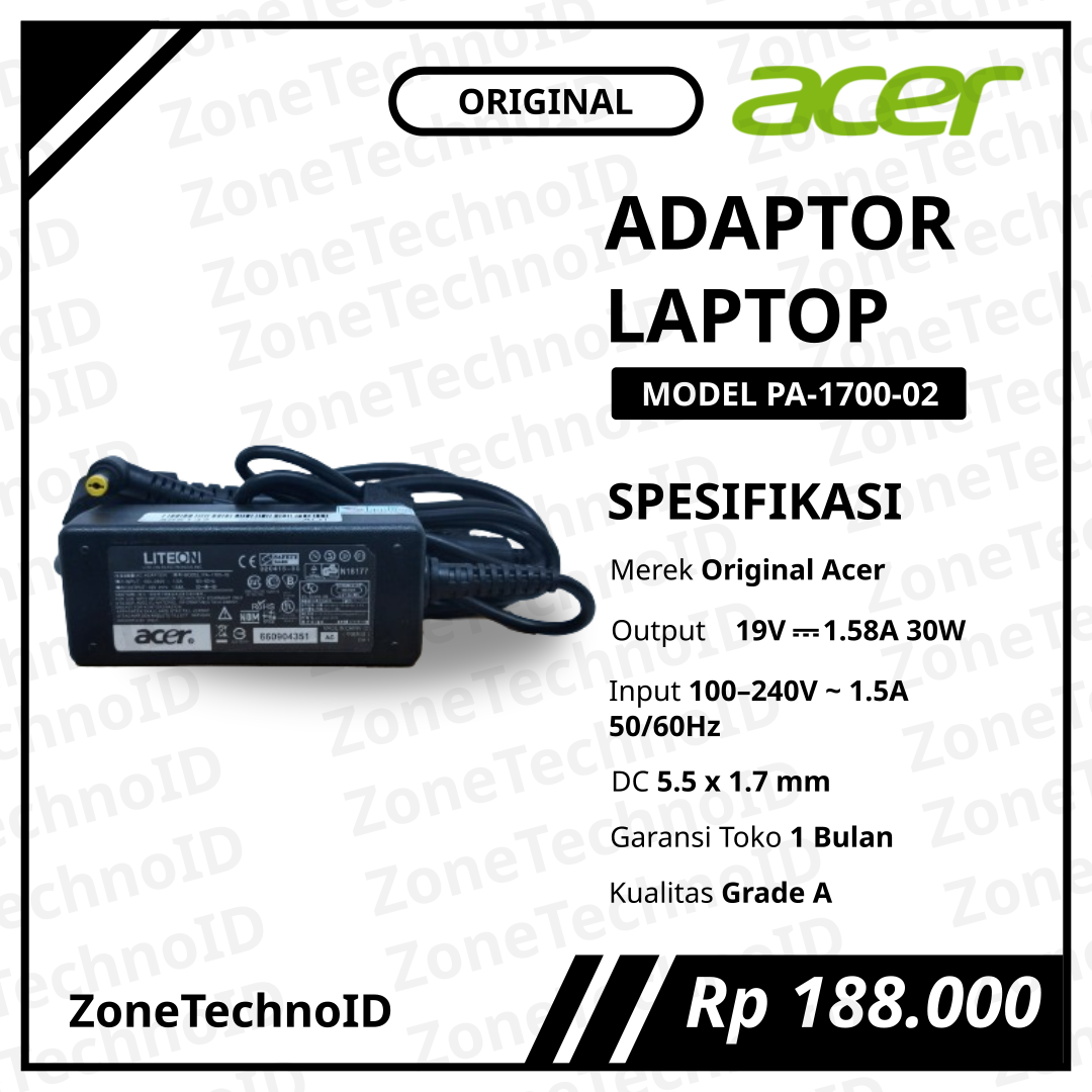 Adaptor Charger Laptop Acer Original PA-1700-02 30W 19V 1.58A Jack 5.5×1.7mm Yellow