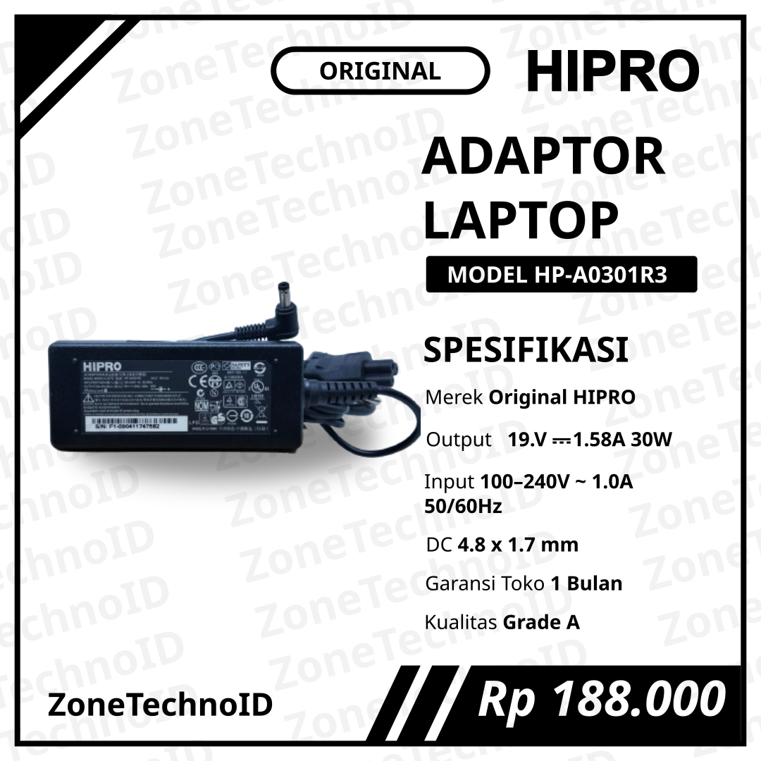 Adaptor Charger Laptop HIPRO Original HP-A0301R3 19V 1.58A 30W Jack 4.8×1.7mm
